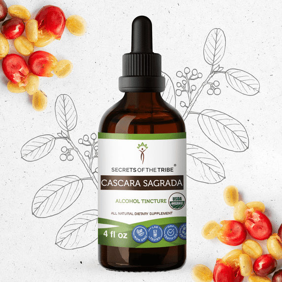 Secrets Of The Tribe Cascara Sagrada Organic Dietary Supplement, Natural Herbal Tincture for Digestive Support, Certified Organic Cascara Sagrada (Frangula purshiana) Dried Bark, Alcohol Extract 4 oz