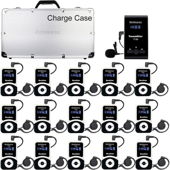 Retekess T130 Wireless Tour Guide System,Case of 1 Transmitter 15 Receivers, Translation Equipment for Church, Classic Style, Easy to Use, Assistive Listening Devices for School,Factory