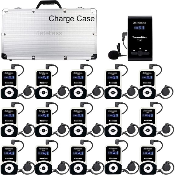 Retekess T130 Wireless Tour Guide System,Case of 1 Transmitter 15 Receivers, Translation Equipment for Church, Classic Style, Assistive Listening Devices for School,Factory