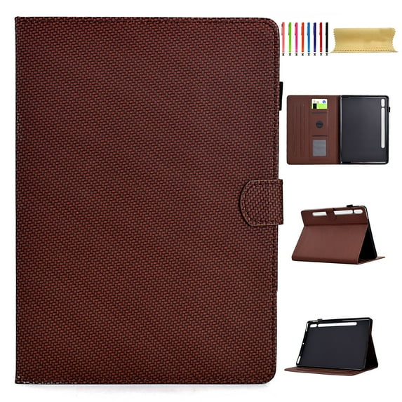 Case for 11.0" Samsung Galaxy Tab S9 2023/S8 2022/S7 2020, Carbon Fiber Texture PU Leather Multi-Angle Viewing Stand Shockproof Flip Case with Card Slots Magnetic Clasp, Brown