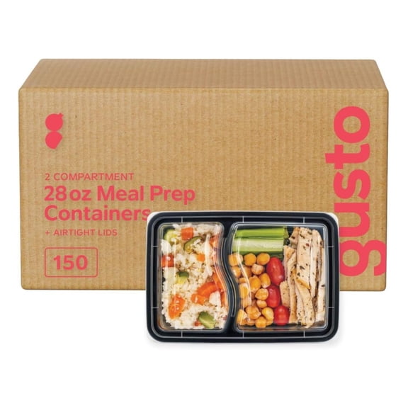 [Case of 150 28 oz. 2 Compartment Meal Prep Containers Reusable - Microwaveable, Dishwasher and Freezer Safe, BPA-Free, Portion Control and Convenience Food Storage with Lids, Stackable