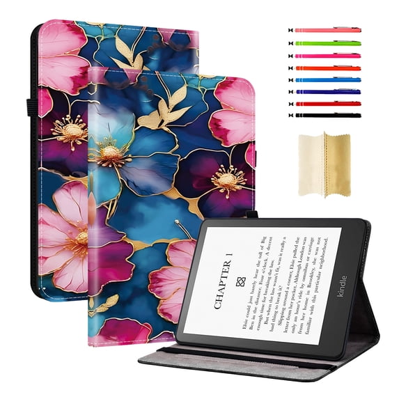 Case for 2024 Kindle Paperwhite 12th Gen/Signature Edition 12th Gen/Colorsoft Signature Edition 1st Gen, Kickstand PU Leather Pattern Card Slots Elastic Band Stylus Slot Protective Folio Cover - D