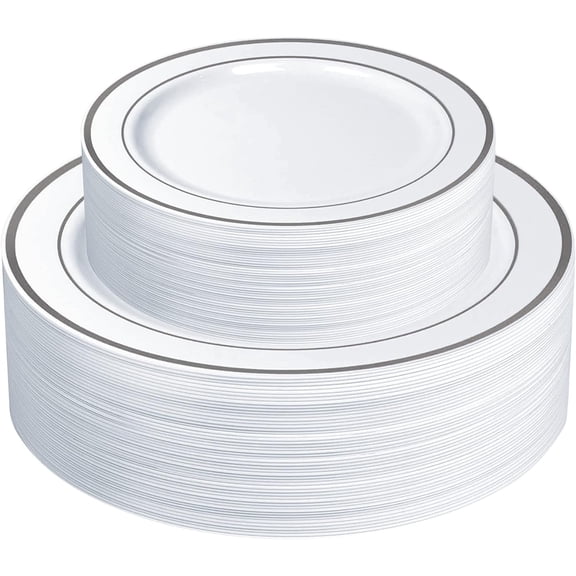 [Case of 240 Combo White Gold Rimmed Plastic, Disposable for Party - Premium Heavy-Duty Wedding, 120 Disposable 10.25" Dinner and 120 Disposable 7.5" Salad Plates