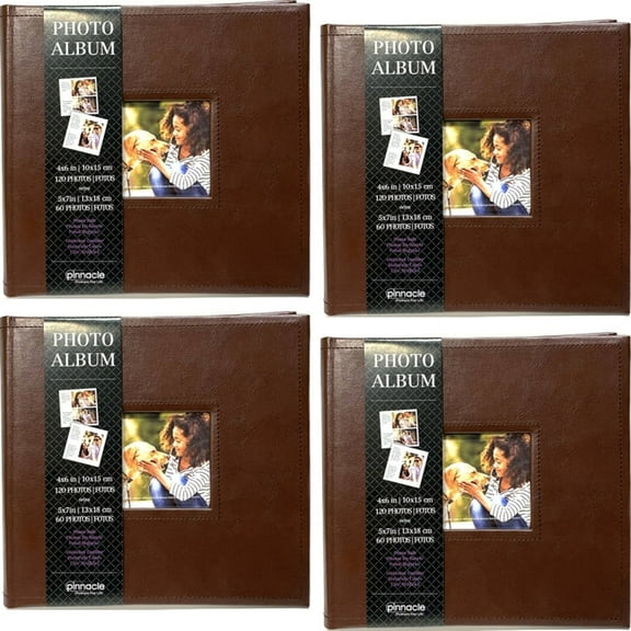 Case of 4 Albums - Pinnacle Photo Album Book with Picture Window and Memo Writing Space - Faux Brown Leather Hardcover (9.5" x 8.75", 60 Pages) Holds 4 x 6 Pictures and 5 x 7 Pictures
