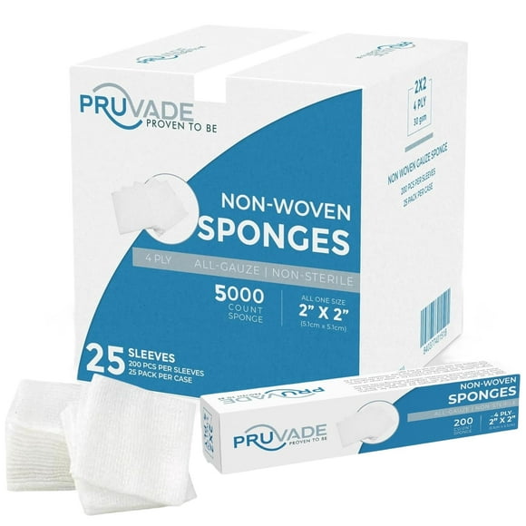 Case of 5000 Pruvade Gauze Pads 2"x2" Non-Woven 4-Ply | Non-Sterile All-Purpose Dental Gauze Pads - Soft & Absorbent Gauze Sponges for First Aid Kit, Makeup-Removal, Skin Cleansing (25 Packs of 200)