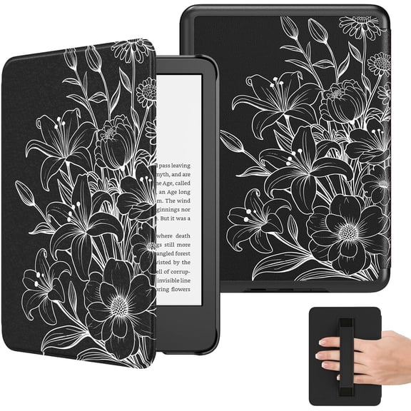Case for 6" All-New eBook(11th Generation-2024/2022), Lightweight Shell Cover with Hand Strap Auto Wake/Sleep for E-Reader 11th Gen. 2024, Not fit Aura 2/ , Line Flower