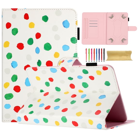 Case for 7 Inch Android Tablet/Galaxy Tab A 7-Inch SM-T280 /Galaxy Tab 4 7" T230 /Onn 7 Inch, PU Leather Folio Kickstand Cover, Wave Point Pattern with Pen Slot & Card Slots, White + Colorful