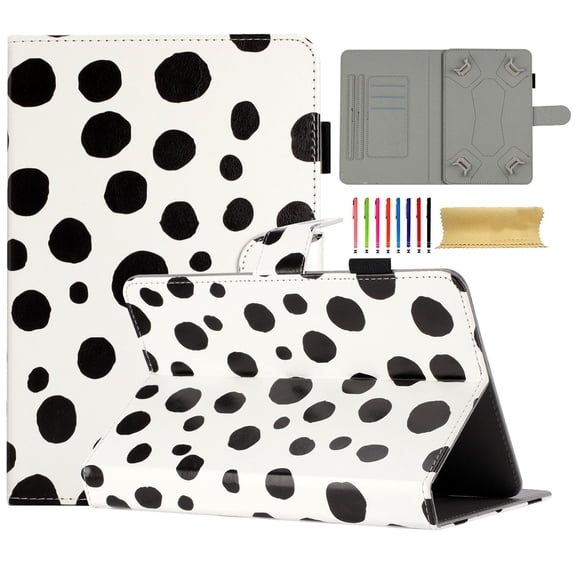 Case for 7 Inch Android Tablet/Galaxy Tab A 7-Inch SM-T280 /Galaxy Tab 4 7" T230 /Onn 7 Inch, PU Leather Folio Kickstand Cover, Wave Point Pattern with Pen Slot & Card Slots, White + Black