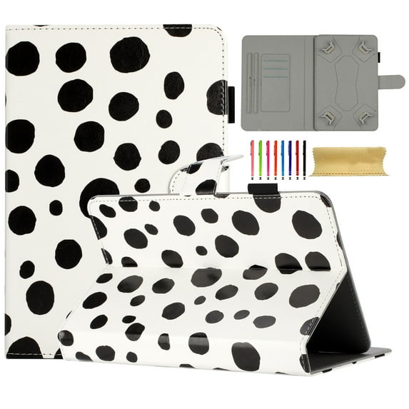 Case for 7 Inch Android Tablet/Galaxy Tab A 7-Inch SM-T280 /Galaxy Tab 4 7" T230 /Onn 7 Inch, PU Leather Folio Kickstand Cover, Wave Point Pattern with Pen Slot & Card Slots, White + Black