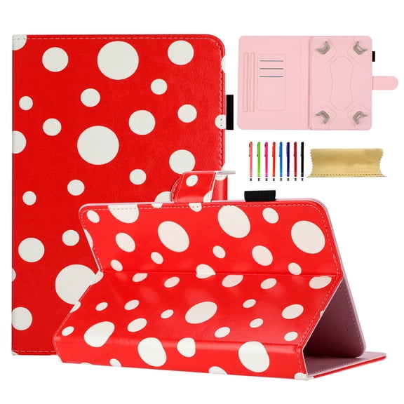Case for 7 Inch Android Tablet/Galaxy Tab A 7-Inch SM-T280 /Galaxy Tab 4 7" T230 /Onn 7 Inch, PU Leather Folio Kickstand Cover, Wave Point Pattern with Pen Slot & Card Slots, Red +White