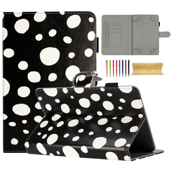 Case for 7 Inch Android Tablet/Galaxy Tab A 7-Inch SM-T280 /Galaxy Tab 4 7" T230 /Onn 7 Inch, PU Leather Folio Kickstand Cover, Wave Point Pattern with Pen Slot & Card Slots, Black + White