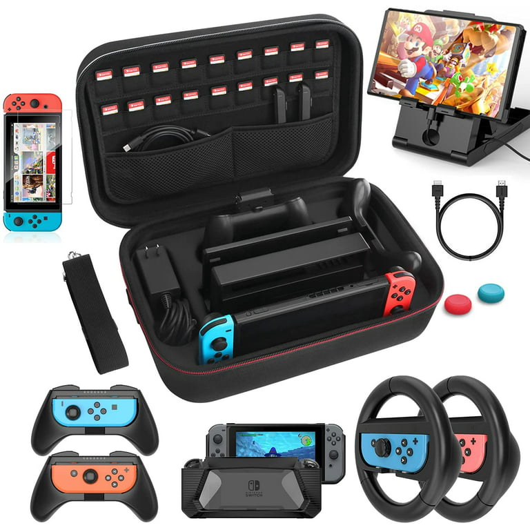 Switch Accessories Bundle, Kit with Carrying Case, Protective Case with  Screen Protector, Compact Playstand,Game Case, Joystick Cap, Charging Dock