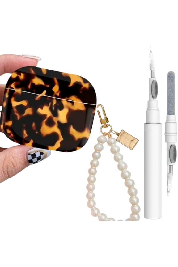 Case for AirPods 4 - Cover Skin Women Girls with Luxury Pearl Keychain Cleaner Tool for Apple Airpods 4th Generation Charging Case 2024 - Tortoise