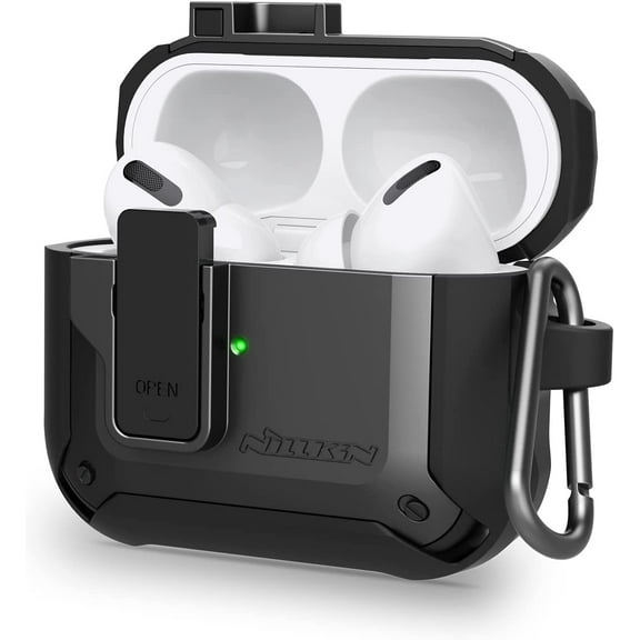 Case for Airpods Pro Case Cover with Secure Lock,Press auto pop-Out Earphone case, Military Grade Armor Solid case Full-Body Hard Shell Protective Cover with Keychain for AirPod Pro 2019 - Black