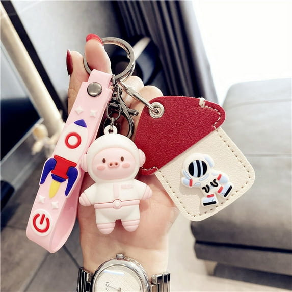 Case for Airtag, Leather 3D Cute Cartoon Space UFO Astronaut Protective Airtags Holder Case Cover Skin with Cartoon Keyring Keychain Strap Set, Key Pet Bluetooth Finder Locator (Red & White)