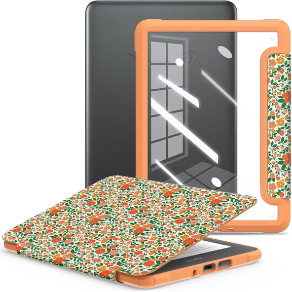 Case for All-New 2024 Released & Kindle Colorsoft (2025) 7 inch Ebook Electronic Reader,Clear Back Shell Durable PU Leather Cover with Auto Sleep Wake,Orange Flower