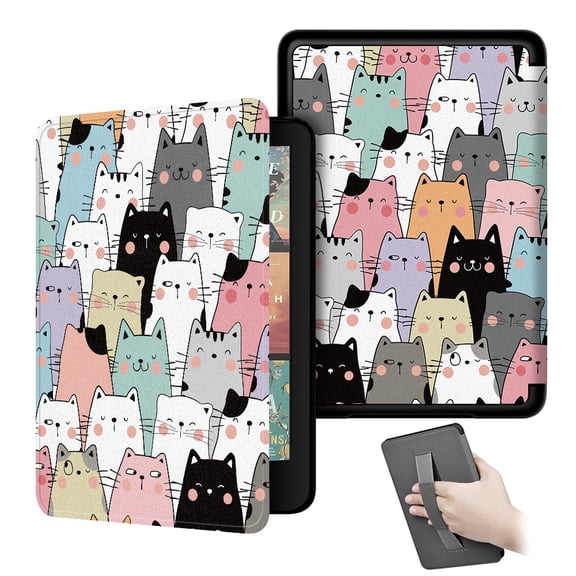 Case for All-New Kindle Paperwhite 12th Gen 2024 and Kindle Colorsoft Signature Edition, Book Lovers Gifts Lightweight PU Leather Cover with Auto Sleep Wake Hand Strap (Cute Cats)