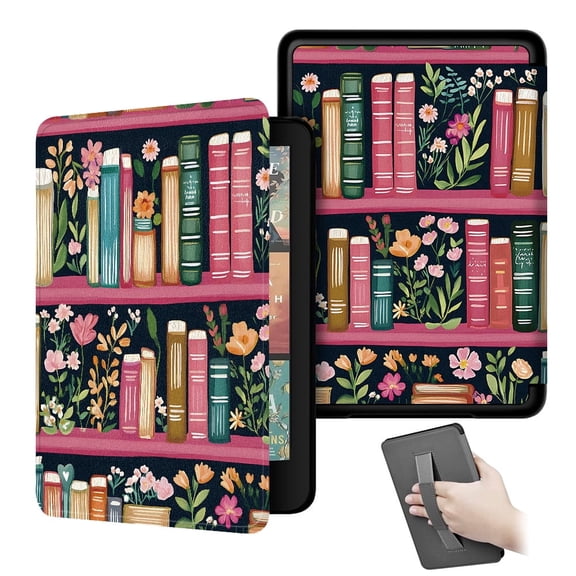 Case for All-New Kindle Paperwhite 12th Gen 2024 and Kindle Colorsoft Signature Edition, Book Lovers Gifts Lightweight PU Leather Cover with Auto Sleep Wake Hand Strap (Floral Bookshelf)