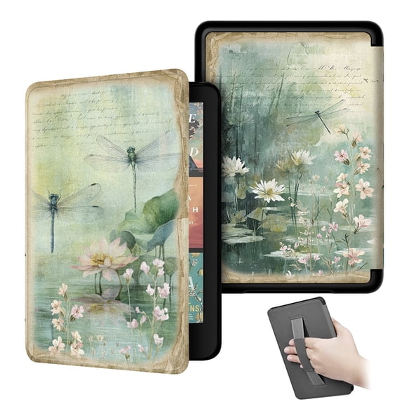 Case for All-New Kindle Paperwhite 12th Gen 2024 and Kindle Colorsoft Signature Edition, Book Lovers Gifts Lightweight PU Leather Cover with Auto Sleep Wake Hand Strap (Dragonflies Journal Page)