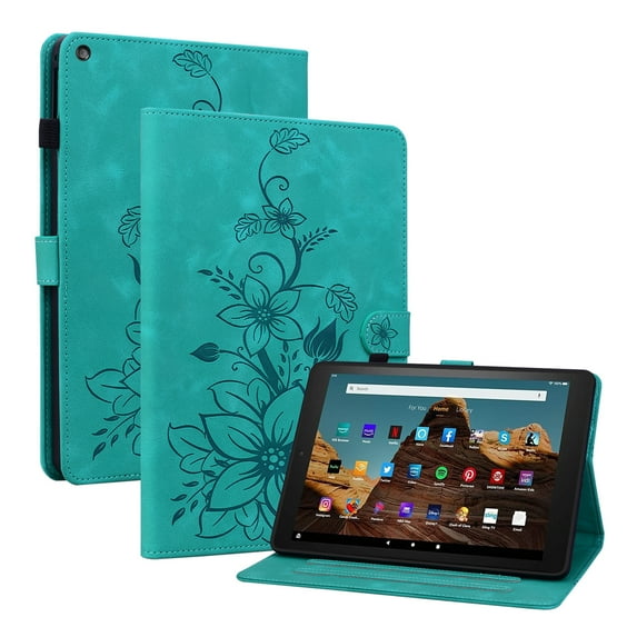 Case for Amazon Fire HD 10 9th/7th/5th Gen (2019/2017/2015), Flower Pattern PU Leather Multi-Angle Viewing Stand Shockproof Flip Case with Card Slot, Magnetic Clasp, Pencil Slot, Auto Sleep, Green