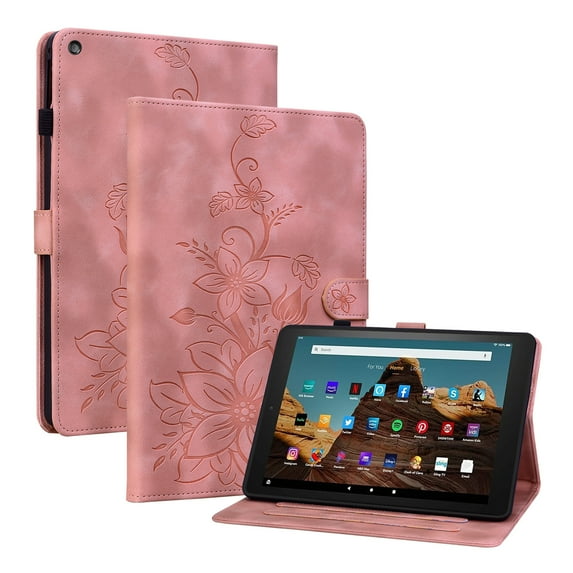 Case for Amazon Fire HD 10 9th/7th/5th Gen (2019/2017/2015), Flower Pattern PU Leather Multi-Angle Viewing Stand Shockproof Flip Case with Card Slot, Magnetic Clasp, Pencil Slot, Auto Sleep, Pink