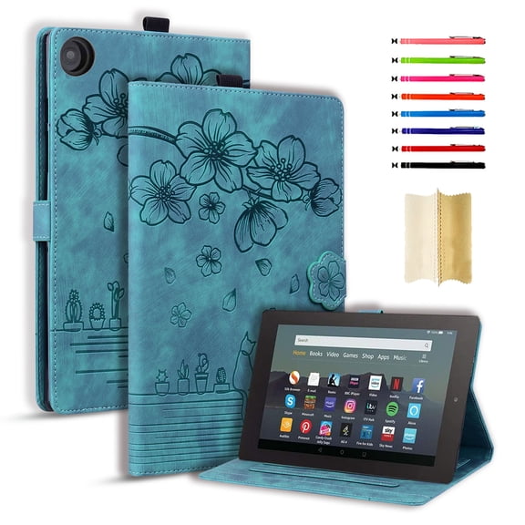 Case for Amazon Fire HD 10 (9th/7th/5th Generation, 2019/2017/2015 Release), Embossed Multiple Viewing Angles PU Leather Magnetic Stand Flip Folio Case Cover with Card Slots & Pencil Holder, Green