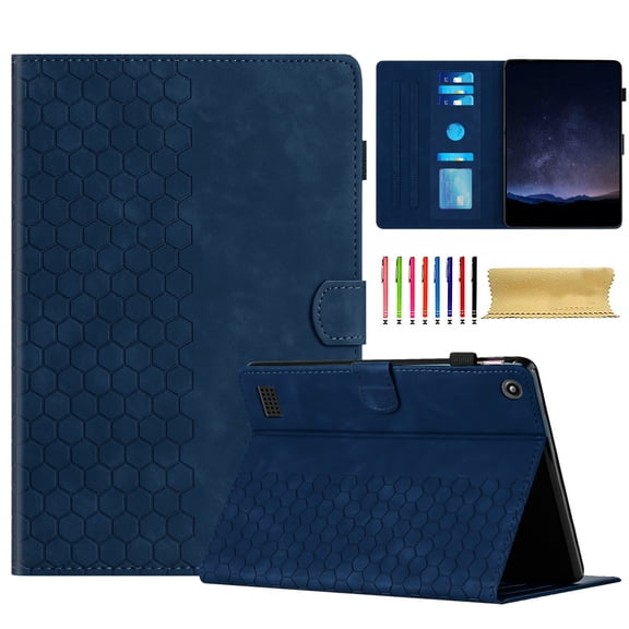Case for Amazon Fire HD 7 2019/2017/2015, Embossed PU Leather Cover Flip with Smart Auto Wake / Sleep Stand Function Pencil Holder and Card Slots & Footgrip Case, Blue