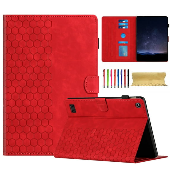 Case for Amazon Fire HD 7 2019/2017/2015, Embossed PU Leather Cover Flip with Smart Auto Wake / Sleep Stand Function Pencil Holder and Card Slots & Footgrip Case, Red