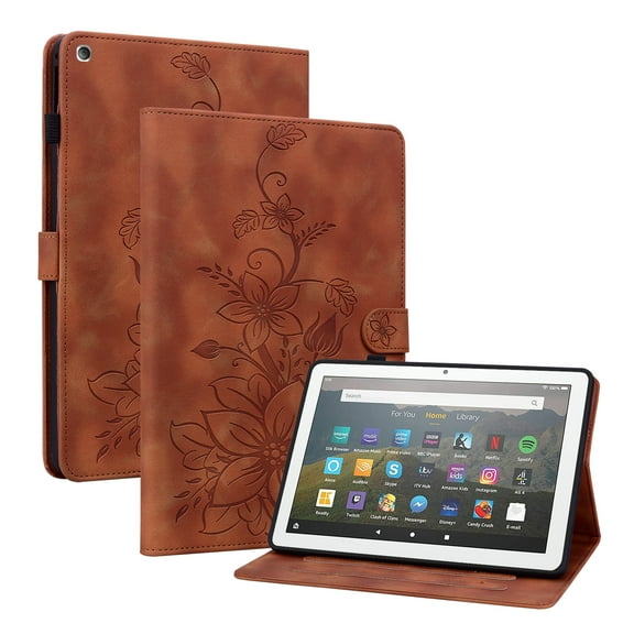 Case for Amazon Fire HD 8 8th/7th/6th Generation 2018/2017/2016, Flower Pattern PU Leather Multi-Angle Viewing Stand Shockproof Flip Case with Card Slot, Magnetic Clasp, Pencil Slot, Brown