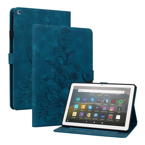Case for Amazon Fire HD 8 8th/7th/6th Generation 2018/2017/2016, Flower Pattern PU Leather Multi-Angle Viewing Stand Shockproof Flip Case with Card Slot, Magnetic Clasp, Pencil Slot, Darkblue