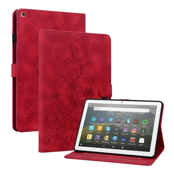 Case for Amazon Fire HD 8 8th/7th/6th Generation 2018/2017/2016, Flower Pattern PU Leather Multi-Angle Viewing Stand Shockproof Flip Case with Card Slot, Magnetic Clasp, Pencil Slot, Red