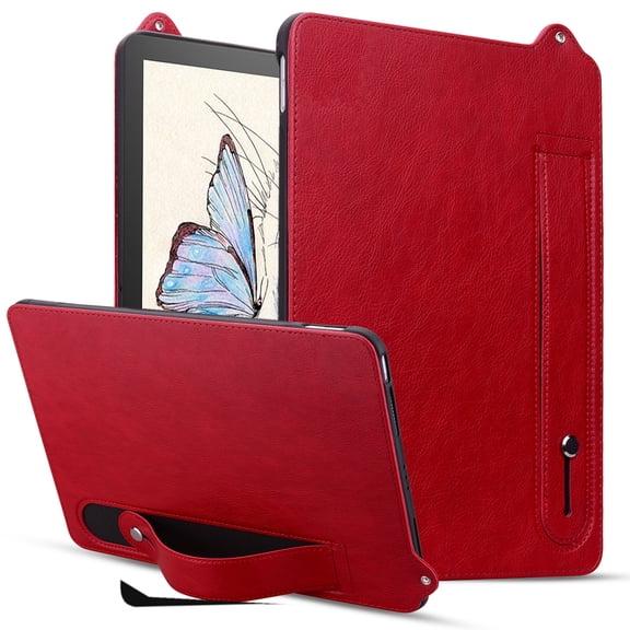 Case for Amazon Fire HD 8 /HD 8 Plus (12th Generation 2022), PU Leather Protective Cover with Wristband & Stand Multiple Viewing Angles TPU Bumper Shockproof Soft Back Case, Red