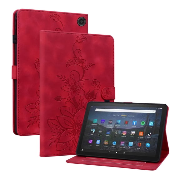 Case for Amazon Fire Max 11 13th Generation 2023, Flower Pattern PU Leather Multi-Angle Viewing Stand Shockproof Flip Case with Card Slot, Magnetic Clasp, Pencil Slot, Red