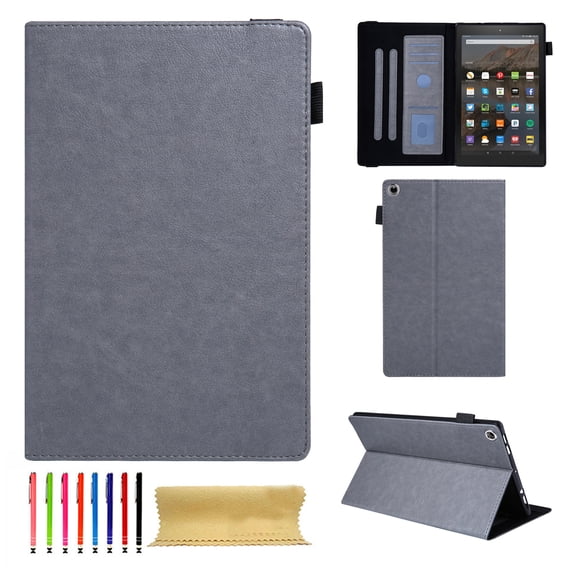 Case for Amazon HD10/HD10plus 2021/2019/2017/2015, PU Leather Folio Multi-Angle Viewing Stand Card Slots Case with Elastic Band Auto Wake/Sleep Magnetic Case Cover, Gray