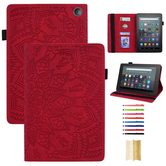 Case for Amazon Kindle Fire 7 12th Gen 2022, 3D Embossed Multi Viewing Angle Stand PU Leather Premium Luxury Slim Cover Folio Case Cover with Stylus Holder for Fire 7 12th Generation,Red
