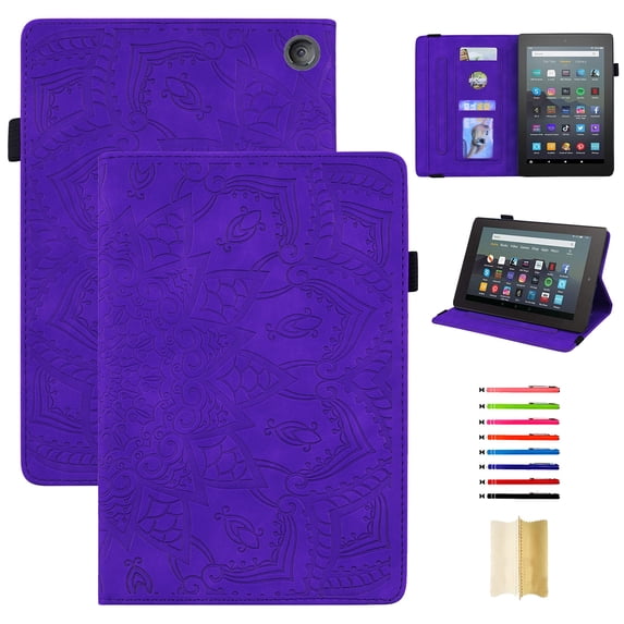Case for Amazon Kindle Fire 7 12th Gen 2022, 3D Embossed Multi Viewing Angle Stand PU Leather Premium Luxury Slim Cover Folio Case Cover with Stylus Holder for Fire 7 12th Generation,Purple