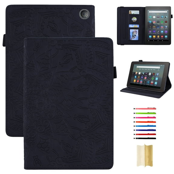Case for Amazon Kindle Fire 7 12th Gen 2022, 3D Embossed Multi Viewing Angle Stand PU Leather Premium Luxury Slim Cover Folio Case Cover with Stylus Holder for Fire 7 12th Generation,Black