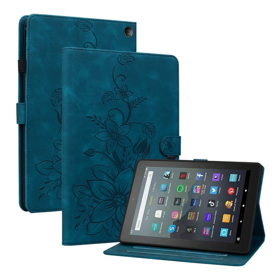 Case for Amazon Kindle Fire 7 12th Gen 2022, Flower Pattern PU Leather Multi-Angle Viewing Stand Shockproof Flip Case with Card Slot, Magnetic Clasp, Pencil Slot for Fire 7 2022, Darkblue