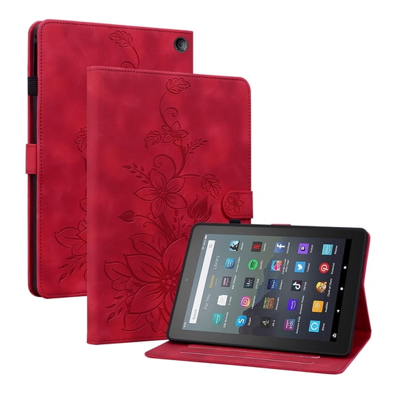Case for Amazon Kindle Fire 7 12th Gen 2022, Flower Pattern PU Leather Multi-Angle Viewing Stand Shockproof Flip Case with Card Slot, Magnetic Clasp, Pencil Slot for Fire 7 2022, Red