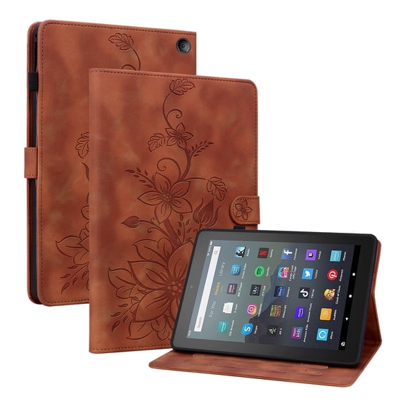 Case for Amazon Kindle Fire 7 12th Gen 2022, Flower Pattern PU Leather Multi-Angle Viewing Stand Shockproof Flip Case with Card Slot, Magnetic Clasp, Pencil Slot for Fire 7 2022, Brown