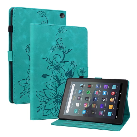 Case for Amazon Kindle Fire 7 12th Gen 2022, Flower Pattern PU Leather Multi-Angle Viewing Stand Shockproof Flip Case with Card Slot, Magnetic Clasp, Pencil Slot for Fire 7 2022, Green