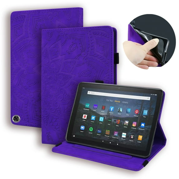 Case for Amazon Kindle Fire 7 12th Gen 2022, Multi-Angle Viewing Folio Stand Smart Shell Embossed Pattern PU Leather Cover with Auto Sleep/Wake Pencil Holder Card Slot Case, Purple
