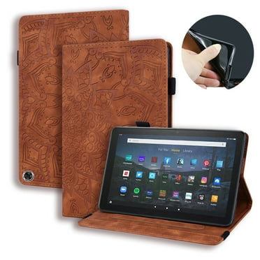 Case for Amazon Kindle Fire 7 12th Gen 2022, Multi-Angle Viewing Folio Stand Smart Shell Embossed Pattern PU Leather Cover with Auto Sleep/Wake Pencil Holder Card Slot Case, Brown