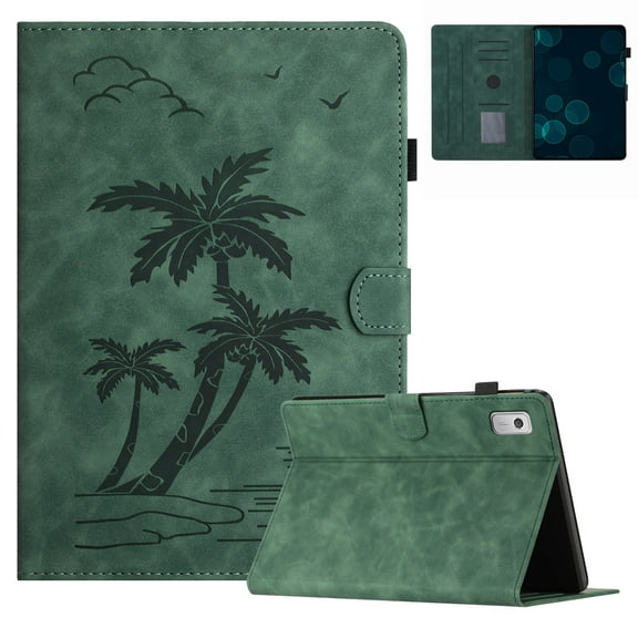 Case for Amazon Kindle Fire HD 7 5th 7th 9th Generation (2015 2017 2019 Release),PU Leather Embossed Coconut Tree Slim Case with Pencil Holder Card Slot Protective Smart Cover,Green