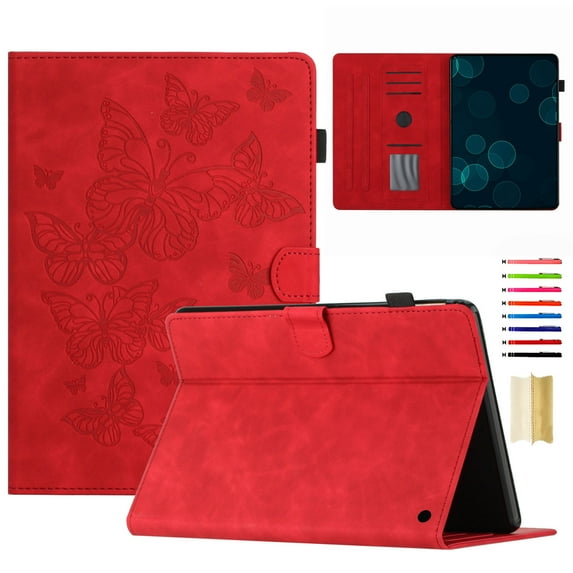 Case for Amazon Kindle Fire HD8 / HD8 Plus 2020/2022/2024, Embossed PU Leather Folio Stand Cover Drop Protective with Auto Wake/Sleep & Card Slots & Pen Holder - Red