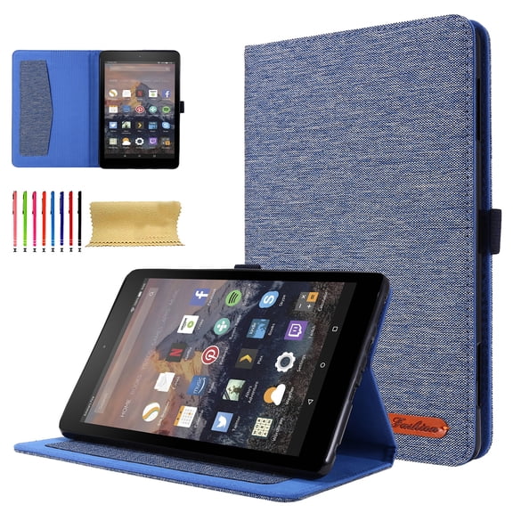 Case for Amazon Kindle Fire HD8 / HD8 Plus 2020/2022/2024, Fabric PU Leather Folio Cover Soft TPU Inner Multiple Viewing Angles Stand with Card Slots Auto Sleep / Wake - Blue