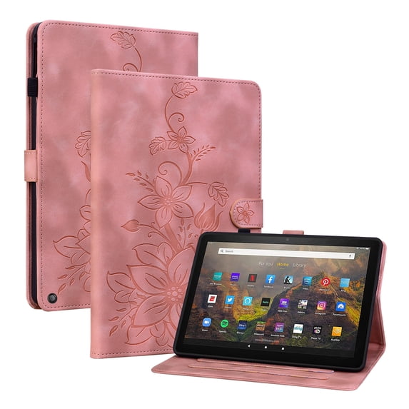 Case for Amazon Kindle Fire HD8 / HD8 Plus 2020/2022, Flower Pattern PU Leather Multi-Angle Viewing Stand Shockproof Flip Case with Card Slot, Magnetic Clasp, Pencil Slot, Pink