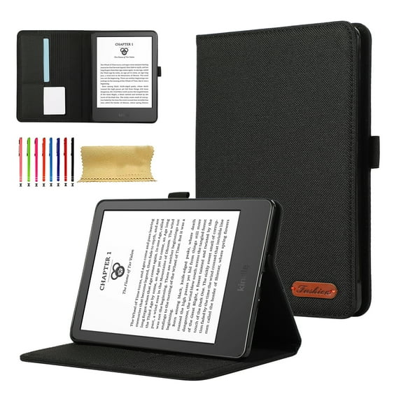 Case for Amazon Kindle Paperwhite (11th Generation) 2021, Fabric PU Leather Folio Cover Soft TPU Inner Multiple Viewing Angles Stand with Card Slot - Black