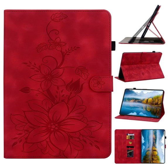Case for Amazon Kindle Paperwhite (11th Generation) 2021, Flower Pattern PU Leather Multi-Angle Viewing Stand Shockproof Flip Case with Card Slot, Magnetic Clasp, Pencil Slot, Red