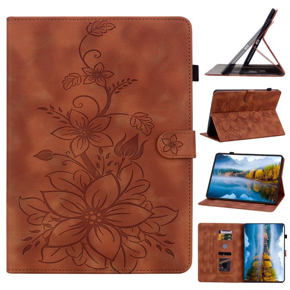 Case for Amazon Kindle Paperwhite (11th Generation) 2021, Flower Pattern PU Leather Multi-Angle Viewing Stand Shockproof Flip Case with Card Slot, Magnetic Clasp, Pencil Slot, Brown